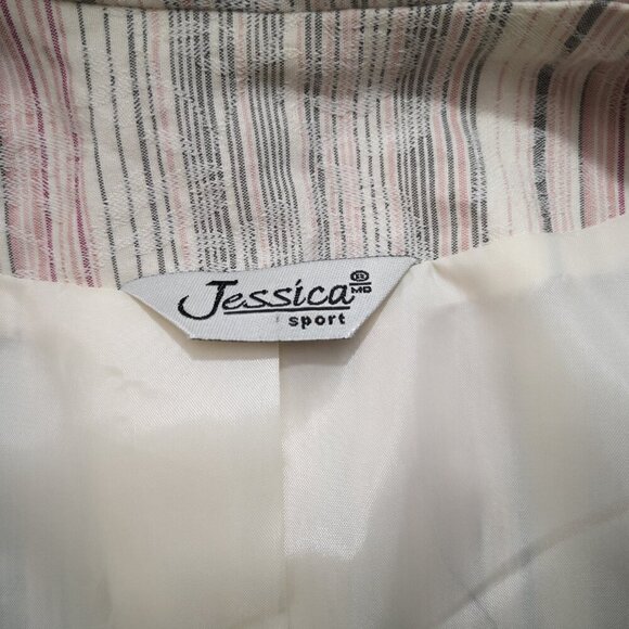 Jessica Sport Ladies Size 14 Grey Burgundy Off White Striped Lined Blazer - Picture 3 of 9